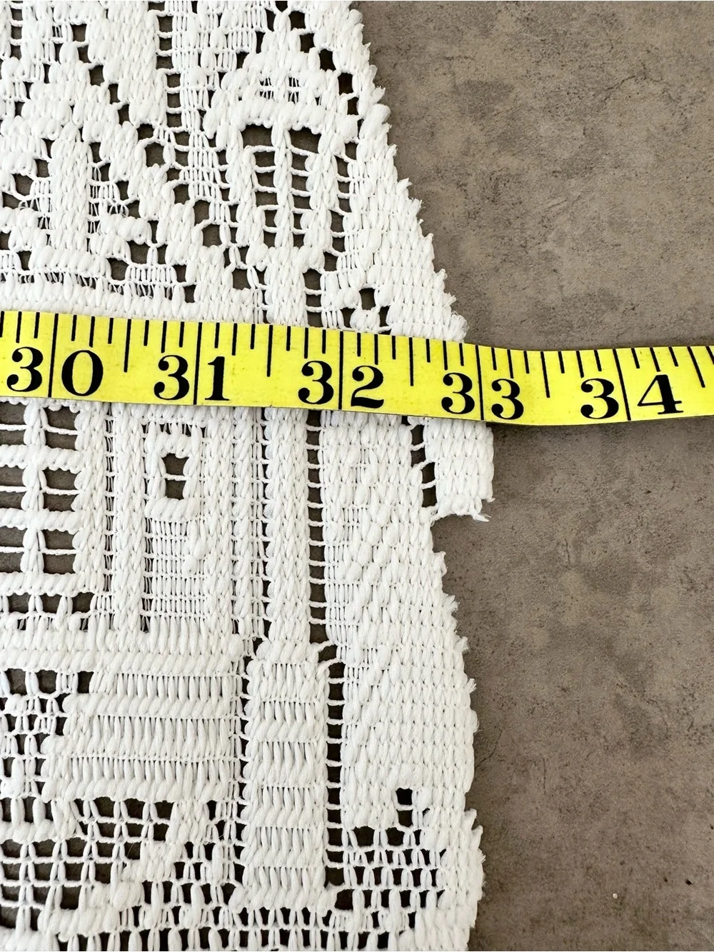 White Crochet Lace Table Runner with Village Cityscape House Motif Flowers 33”